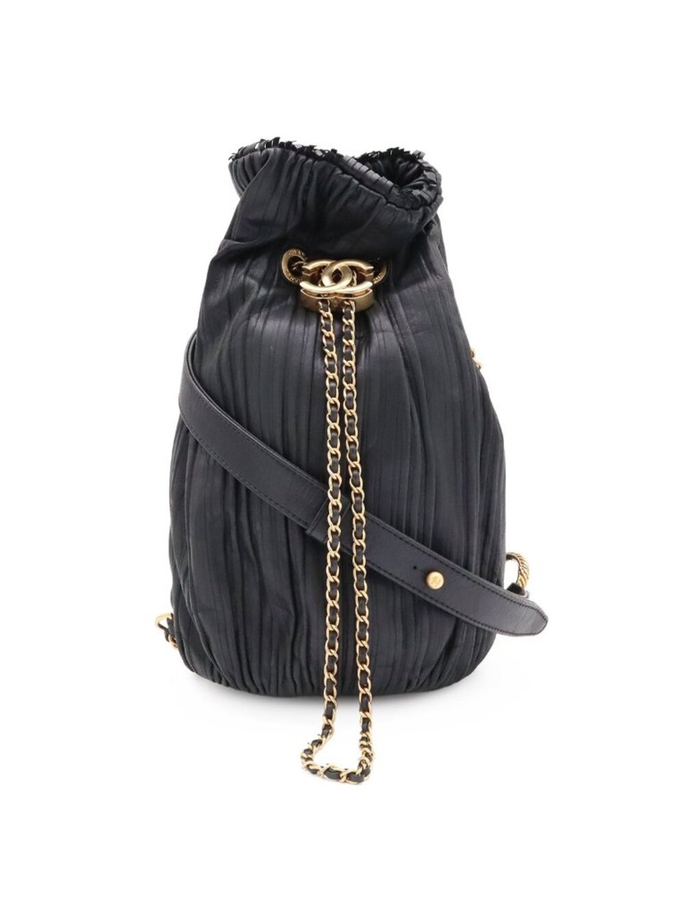 Chanel Coco Pleats CC Logo Chain Shoulder Bag Drawstring Sparkle Leather Black